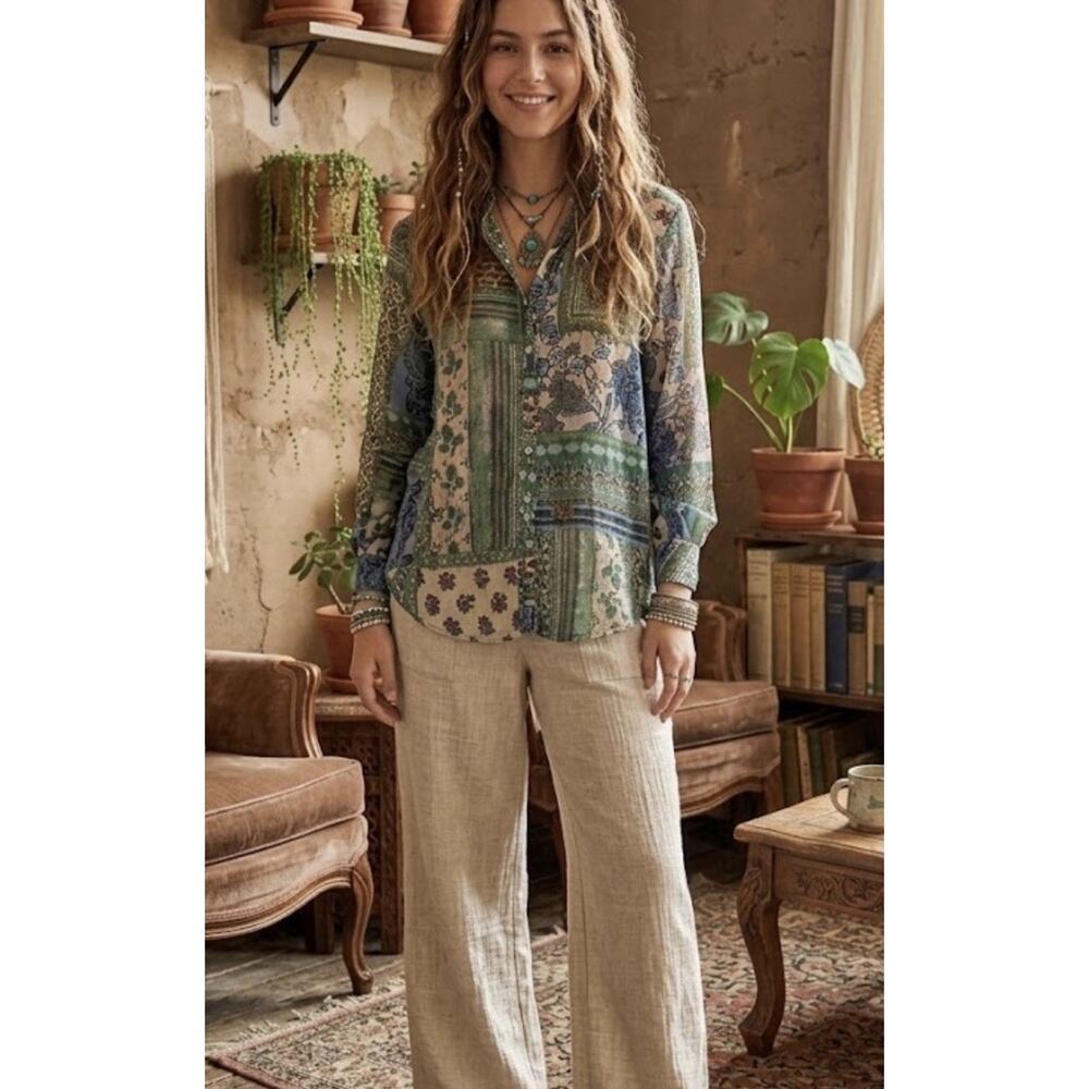 Chelsea & Theodore Boho Patchwork Arts Button Up Top Artsy Indie Peasant Size 1X